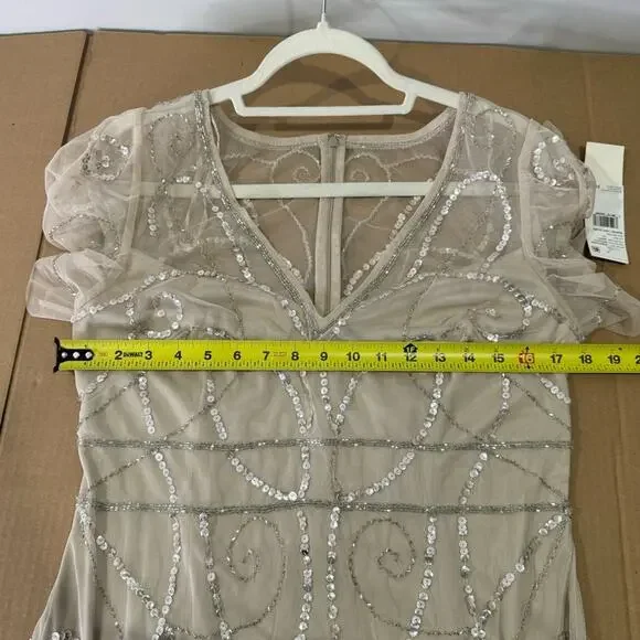 NWT Adrianna Papell Studio Beaded Sequin Long Gown Dress Biscotti Sz 12